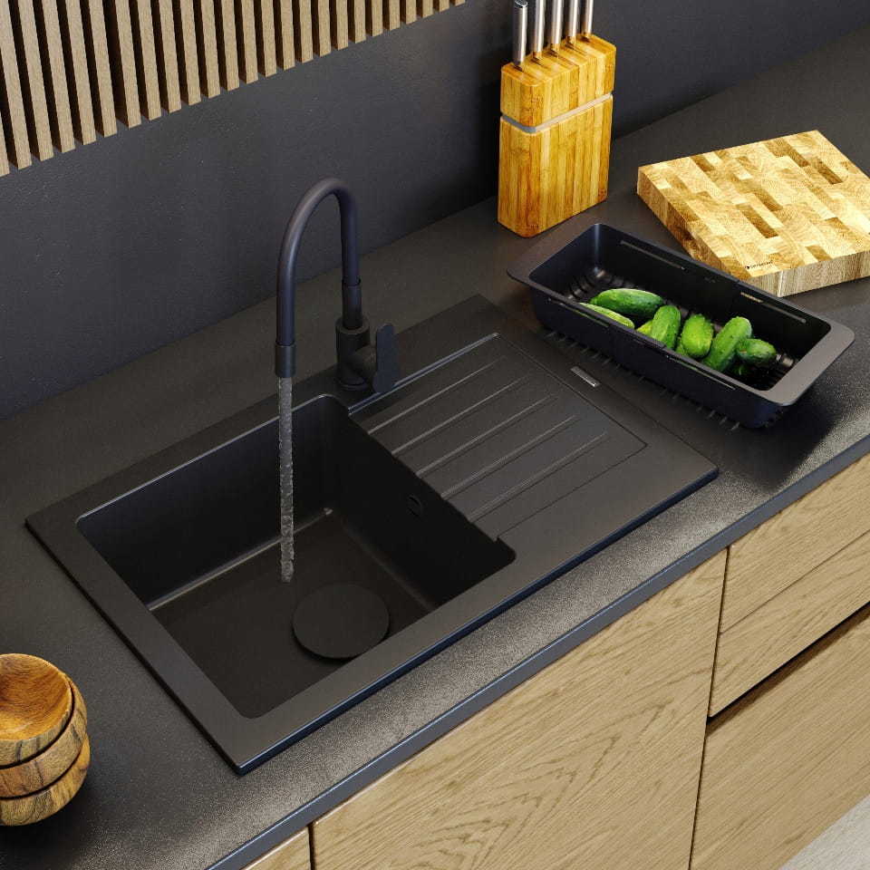 ZLEWOZMYWAK GRANITOWY CZARNY BATERIA KUCHENNA KOSZYK ZAŚLEPKA ZESTAW MINO ALL IN ONE Granitan – aranżacja / widok z boku