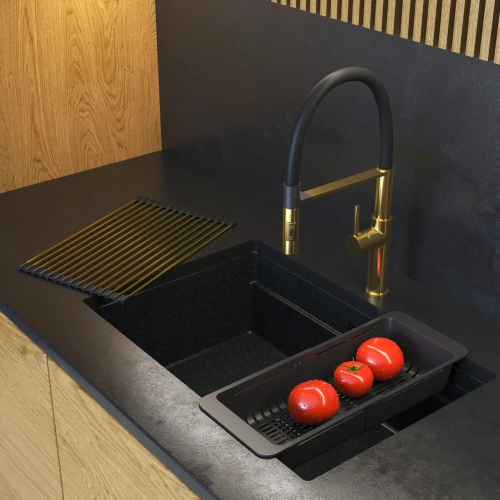 ZLEW GRANITOWY PODWIESZANY CZARNY GOLD ZESTAW BATERIA SYFON EPIR 70 Granitan – archiwalne 2