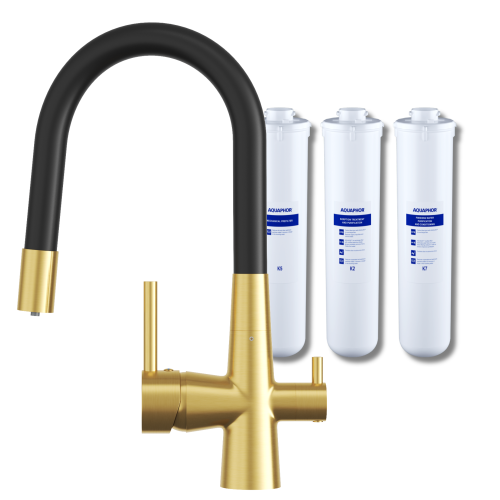 Zestaw do filtrowania wody podzlewowy z baterią trójdrożną FLUO złota Granitan