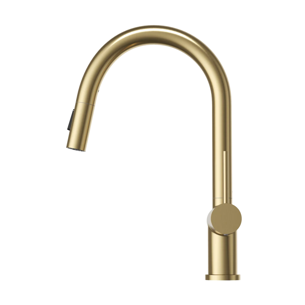 Bateria kuchenna chromowa wysoka z wyciąganą wylewką obrotowa Naya brushed gold Granitan – archiwalne 1