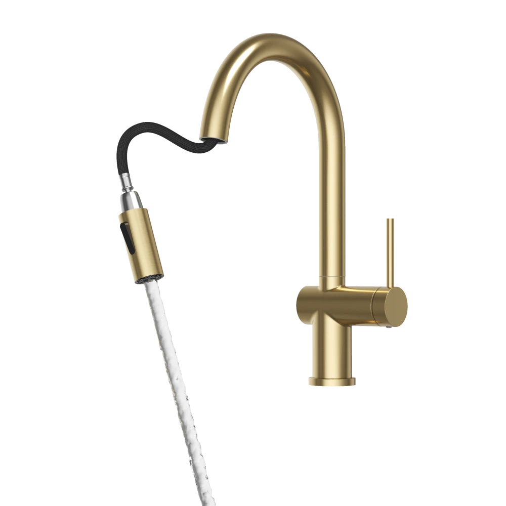 Bateria kuchenna chromowa wysoka z wyciąganą wylewką obrotowa Naya brushed gold Granitan – archiwalne 3