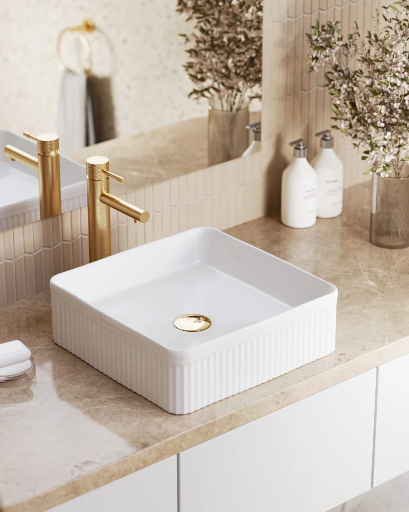 Umywalka nablatowa ceramiczna zlew VIORA biała ryflowana kwadratowa 40.5 cm Granitan – archiwalne 5
