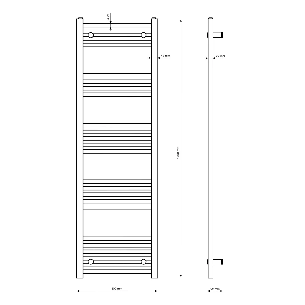 Rysunek techniczny: GRZEJNIK ŁAZIENKOWY CZARNY DRABINKOWY 60x150 cm KALORYFER MONTAŻ 180 BRENO Granitan