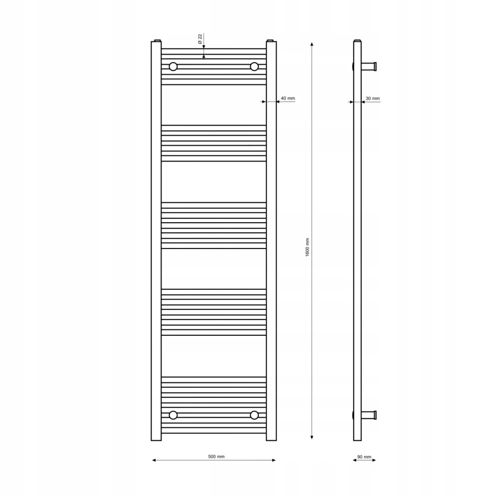 Rysunek techniczny: GRZEJNIK ŁAZIENKOWY BIAŁY DRABINKOWY 50x160 cm KALORYFER MONTAŻ 180 BRENO Granitan