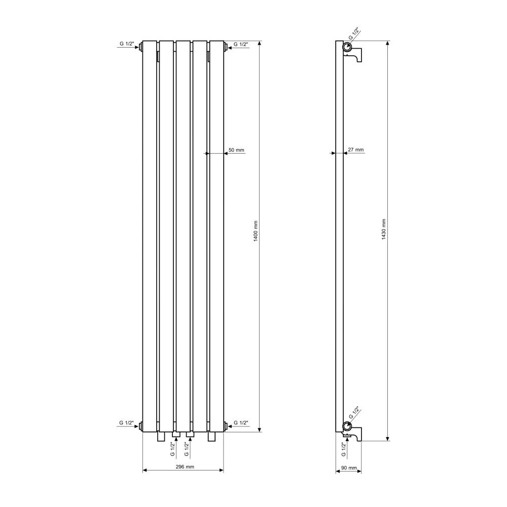 Rysunek techniczny: Grzejnik łazienkowy AXIS 140x30 biały dekoracyjny panelowy, wysoka moc Granitan