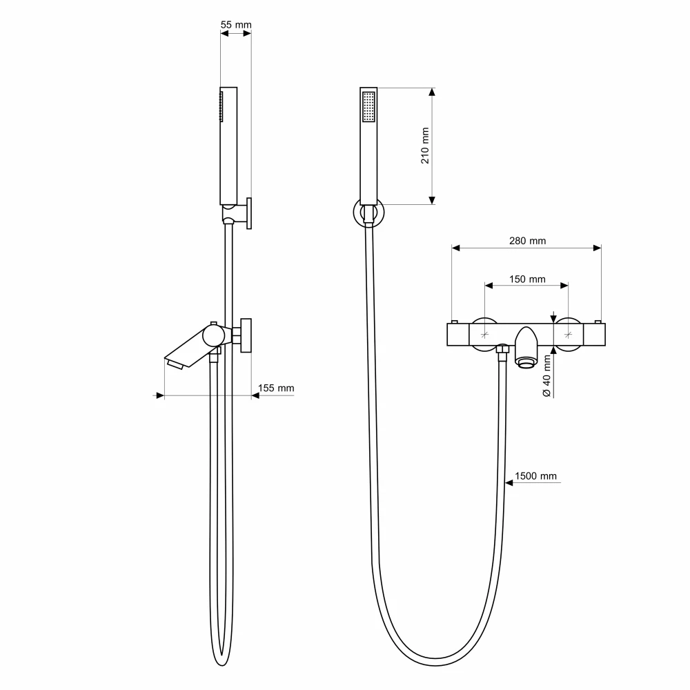 Rysunek techniczny: Bateria wannowa termostatyczna złota kran GLAMI termostat słuchawka wanna Granitan