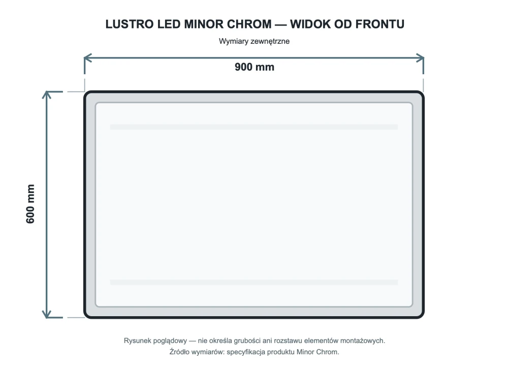 Rysunek techniczny i wymiary: Prostokątne podświetlane lustro energooszczędne LED 90x60 Minor Chrom Granitan
