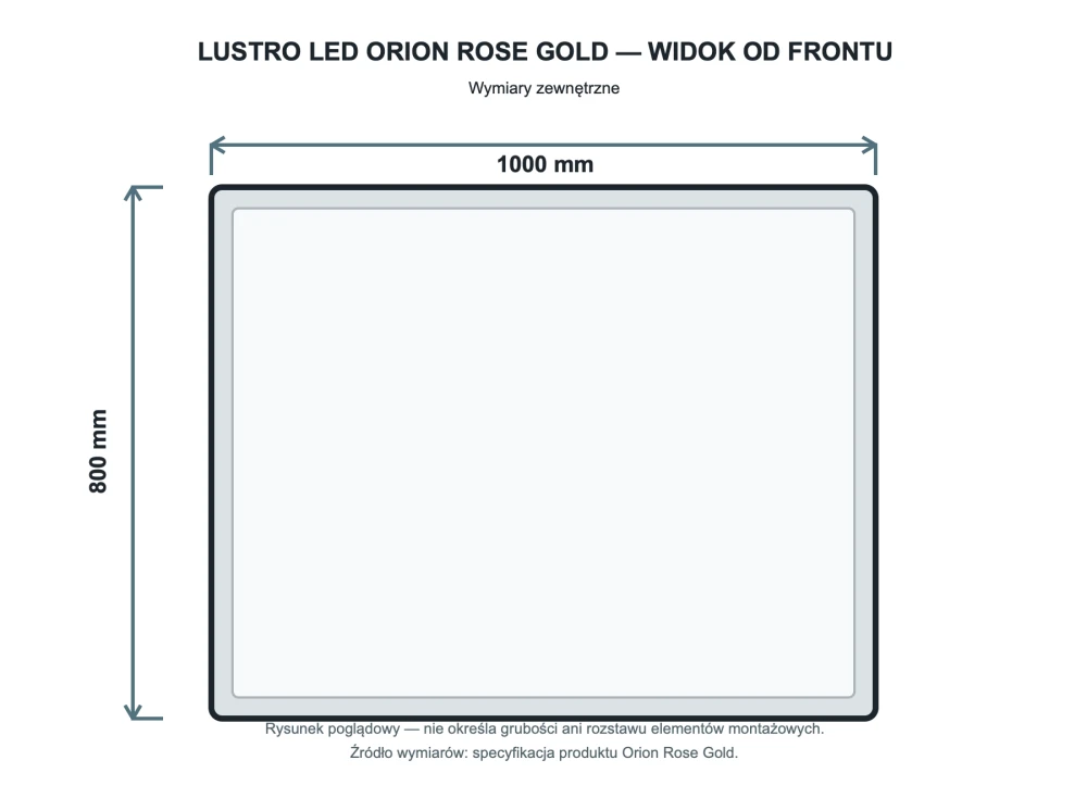 Rysunek techniczny i wymiary: Prostokątne podświetlane lustro energooszczędne LED 100x80 Orion Rose Gold Granitan