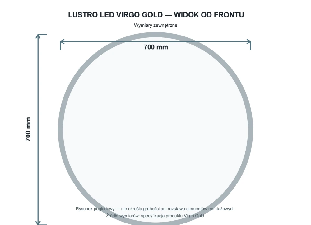 Rysunek techniczny i wymiary: Okrągłe podświetlane lustro energooszczędne LED 70x70 Złote VIRGO Granitan