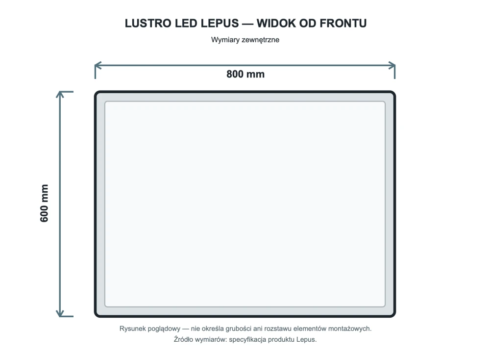 Rysunek techniczny i wymiary: Prostokątne podświetlane lustro energooszczędne LED 80x60 LEPUS Granitan