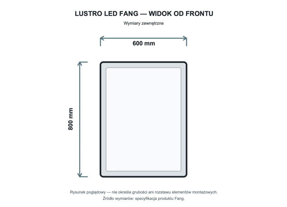 Rysunek techniczny i wymiary: Prostokątne podświetlane lustro energooszczędne LED 60x80 FANG Granitan