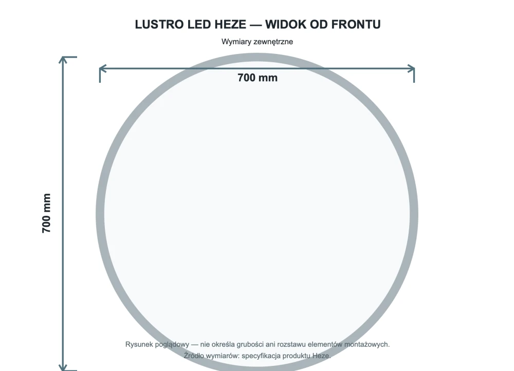 Rysunek techniczny i wymiary: Okrągłe podświetlane lustro energooszczędne LED 70x70 HEZE Granitan
