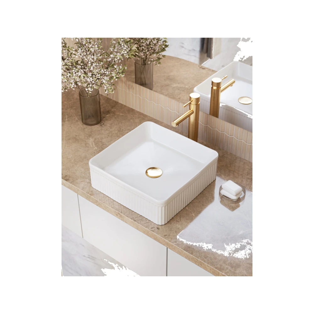 Umywalka nablatowa ceramiczna zlew VIORA biała ryflowana kwadratowa 40.5 cm Granitan – archiwalne 11