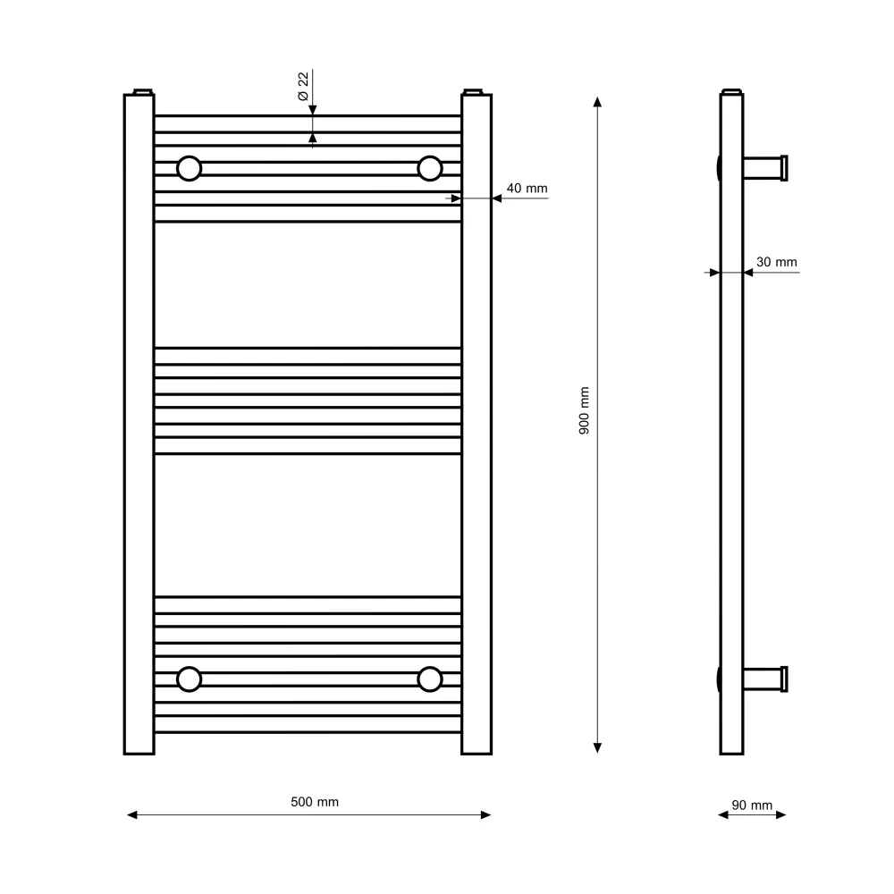 Rysunek techniczny: GRZEJNIK ŁAZIENKOWY CZARNY DRABINKOWY 50x90 cm KALORYFER MONTAŻ 180 BRENO Granitan