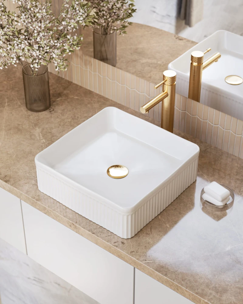 Umywalka nablatowa ceramiczna zlew VIORA biała ryflowana kwadratowa 40.5 cm Granitan – archiwalne 26