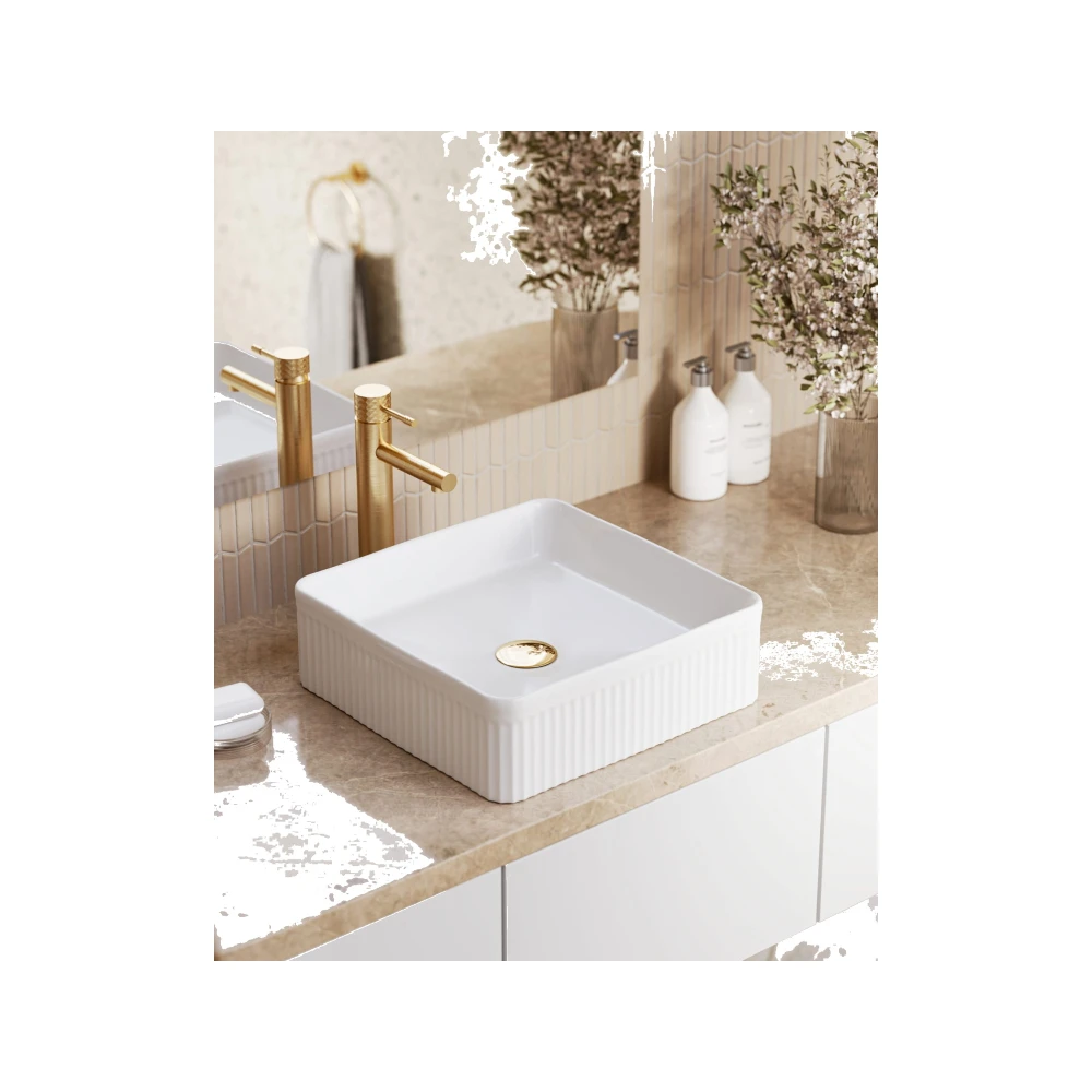Umywalka nablatowa ceramiczna zlew VIORA biała ryflowana kwadratowa 40.5 cm Granitan – archiwalne 30