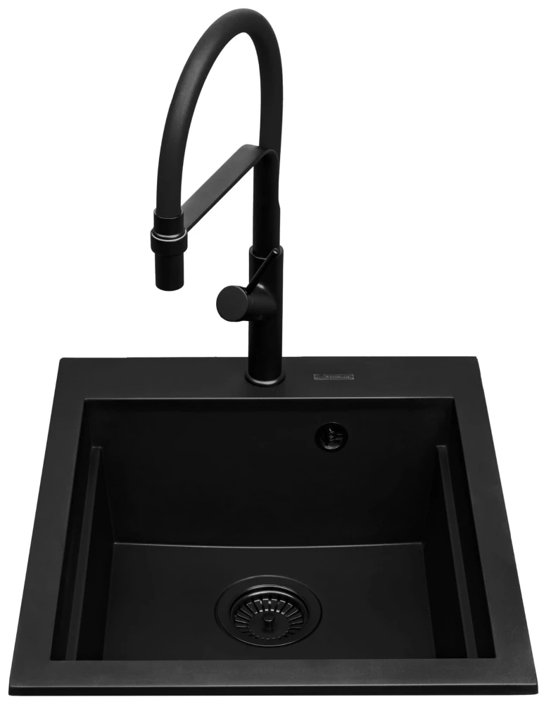 Zlew. SIROS (47x51,5) 1B Black Edition + Bateria FLEXOS Granitan – ujęcie z bliska / detal