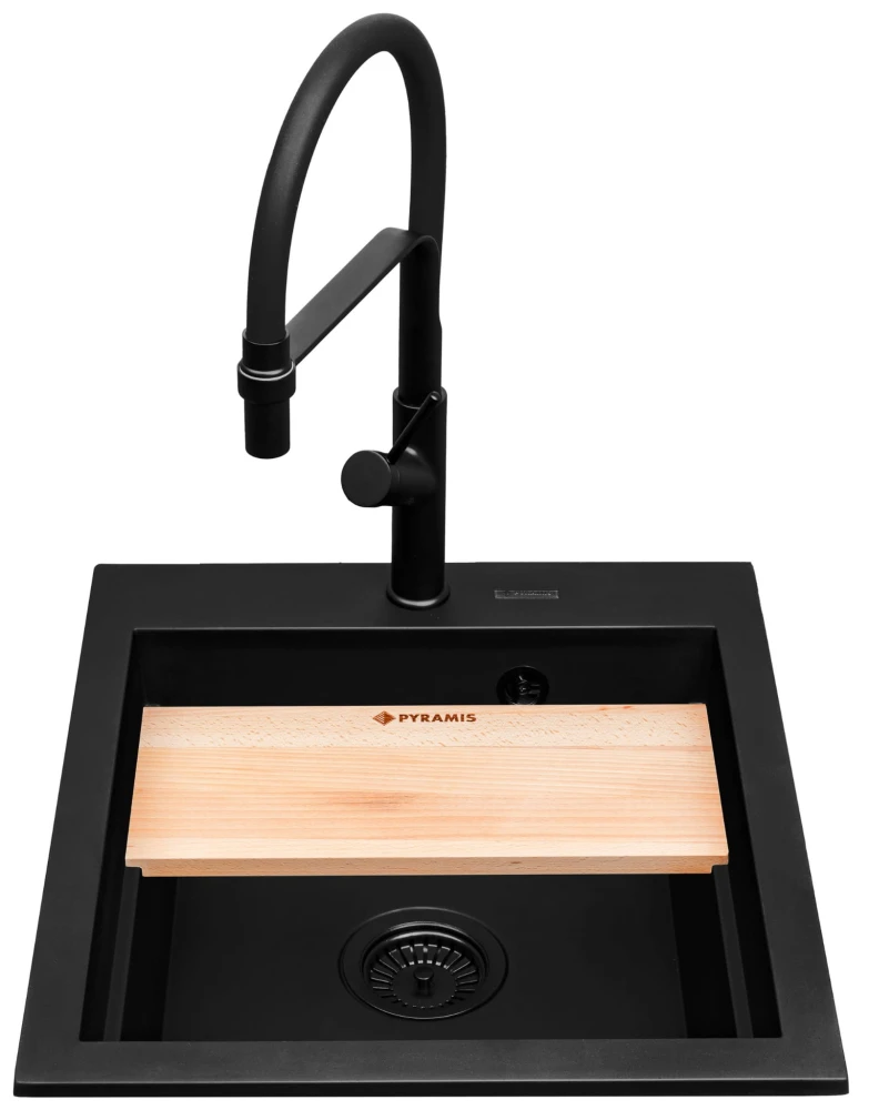 Zlew. SIROS (47x51,5) 1B Black Edition + Bateria FLEXOS Granitan – aranżacja / widok z boku