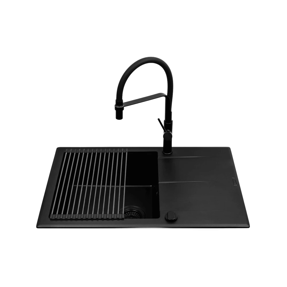 Zlew. KEROS (76x48) 1B 1D Black Edition + Bateria FLEXOS Granitan