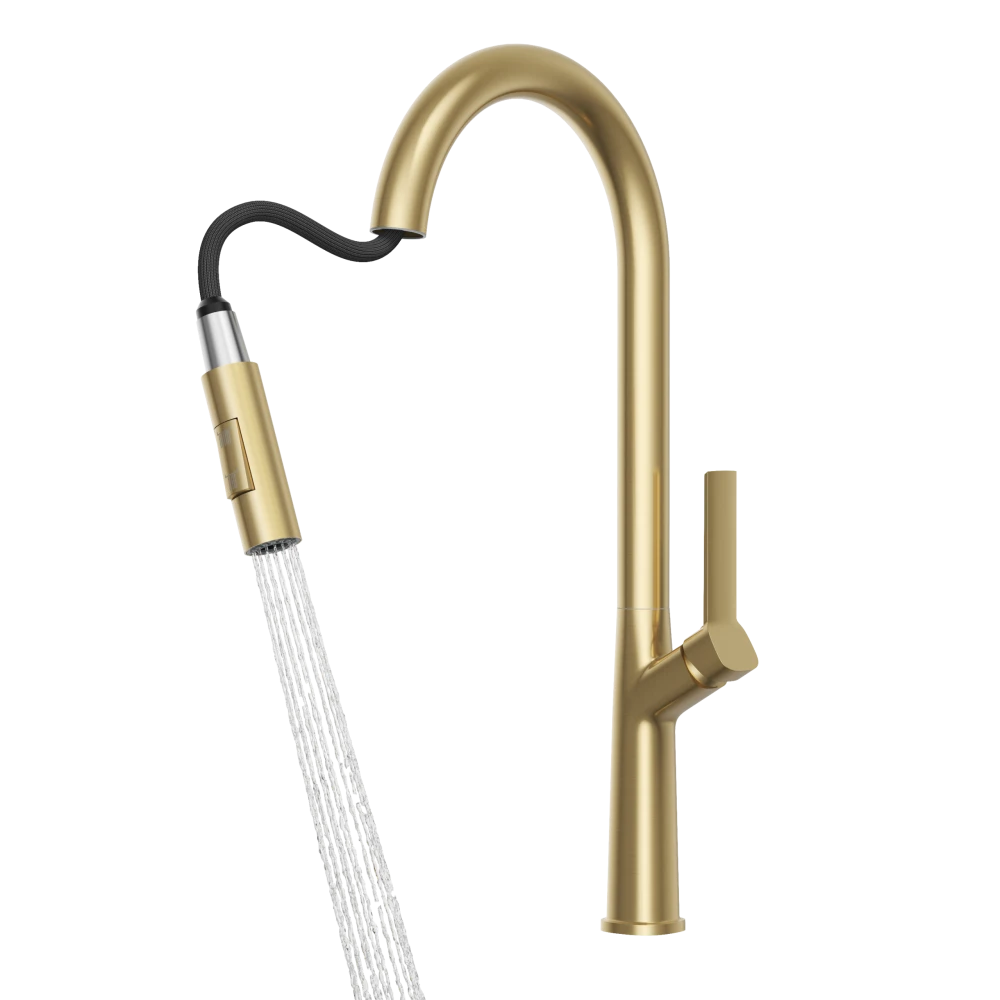 Bateria kuchenna do zlewu wysoka Ellis brushed gold Granitan – elementy zestawu i akcesoria
