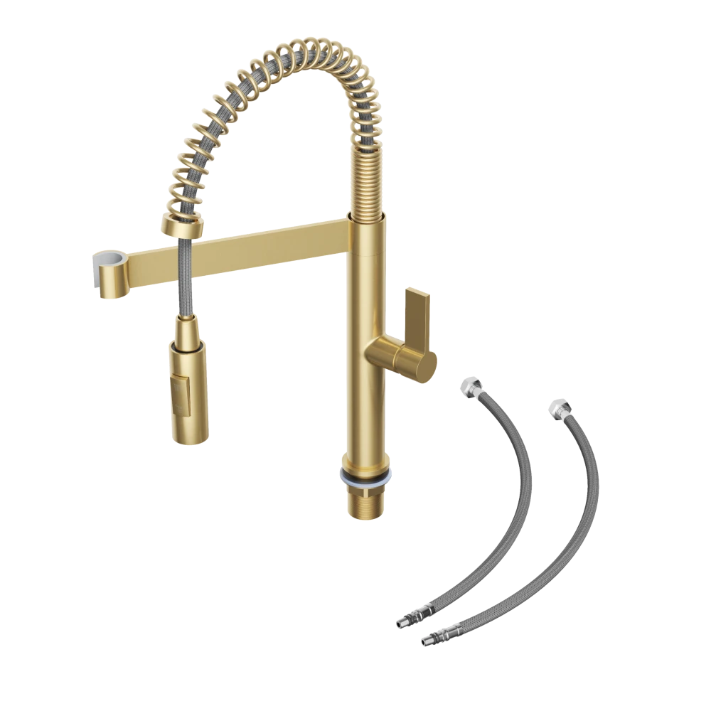 Bateria kuchenna spiralna wyciągana wylewka wysoka brushed gold kran Elara Granitan – aranżacja / widok z boku