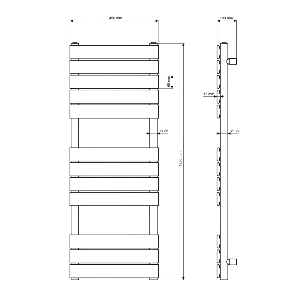 Rysunek techniczny i wymiary: GRZEJNIK ŁAZIENKOWY BIAŁY 120x45 cm OSLO Granitan