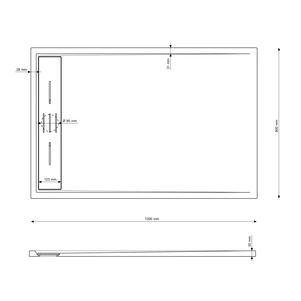Rysunek techniczny i wymiary: BRODZIK PRYSZNICOWY PROSTOKĄTNY 120 x 80 CM BIAŁY VIVA Granitan
