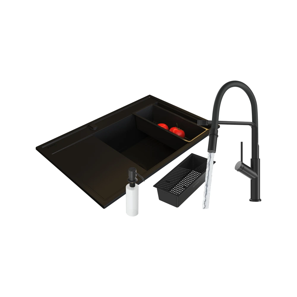 Pyramis zlew granitowy CAMEA (79x50) prawy BLACK EDITION+ Bateria FLEXOS Granitan