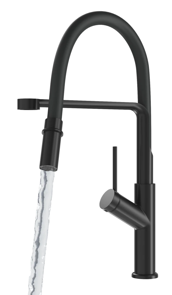 Pyramis zlew granitowy CAMEA (79x50) prawy BLACK EDITION+ Bateria FLEXOS Granitan – aranżacja / widok z boku