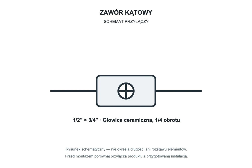 Rysunek techniczny i wymiary: ZAWÓR KĄTOWY DO PODŁĄCZENIA PRALKI ZMYWARKI MOSIĘŻNY KUCHENNY 1/2 x 3/4 Granitan