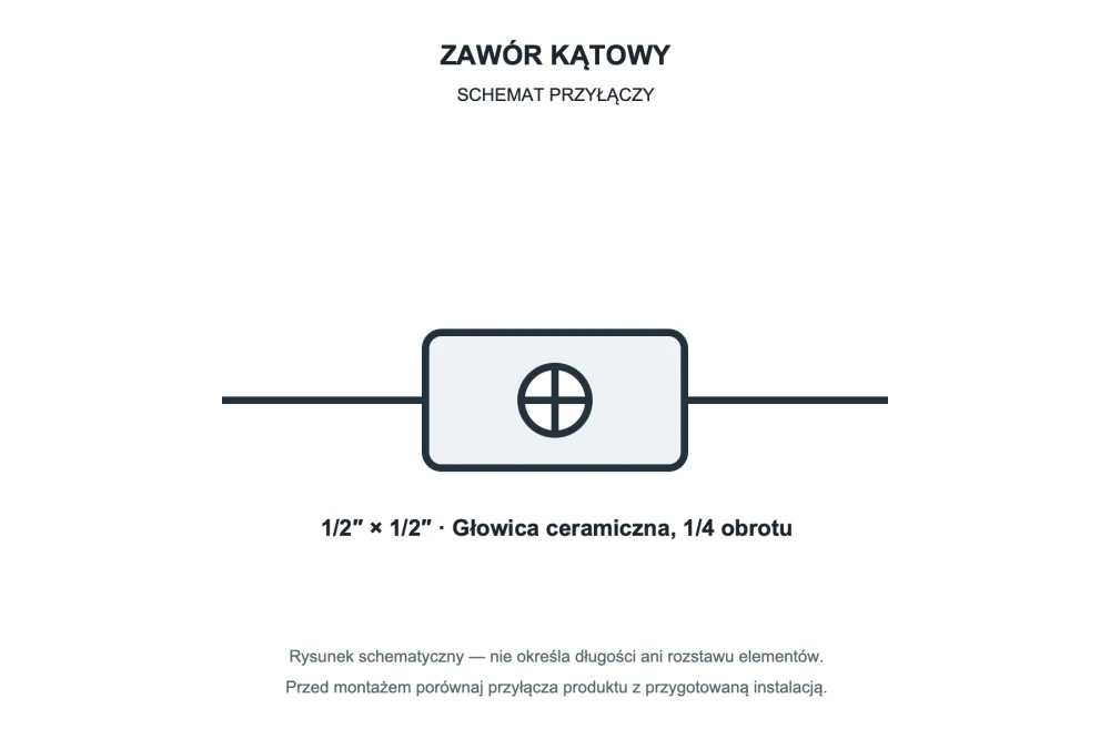Rysunek techniczny i wymiary: ZAWÓR KĄTOWY DO BATERII KUCHENNEJ ŁAZIENKOWEJ MOSIĘŻNY KRAN 1/2" x 1/2" Granitan