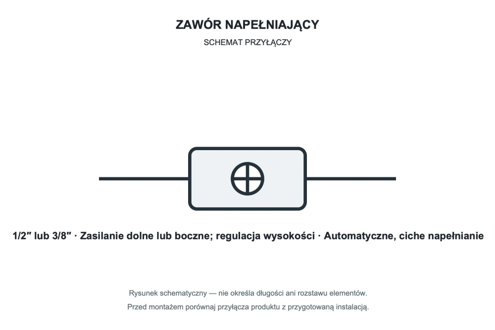 Rysunek techniczny i wymiary: ZAWÓR PŁYWAKOWY NAPEŁNIAJĄCY BOCZNY DOLNY 1/2 3/8 Granitan