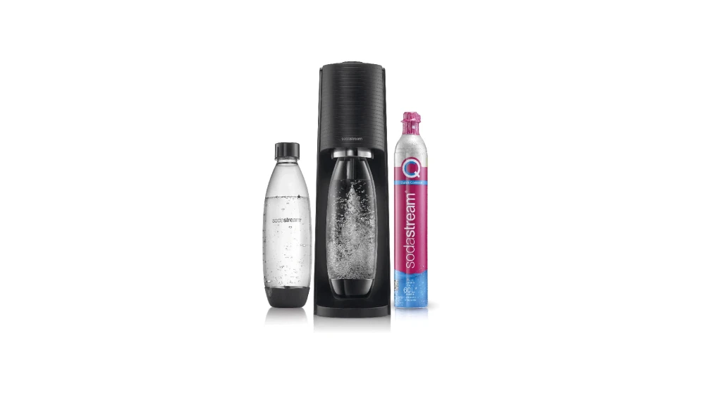Saturator do wody gazowanej SodaStream Terra - Czarny zestaw + butelka Granitan – aranżacja / widok z boku