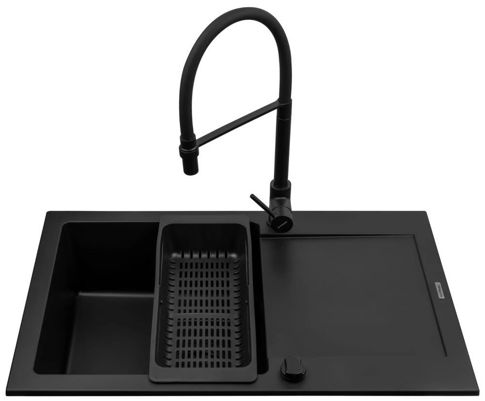 PYRAMIS Zlew. MIDO (79x50) 1B 1D Black Edition + Bateria SERINA Granitan – aranżacja / widok z boku