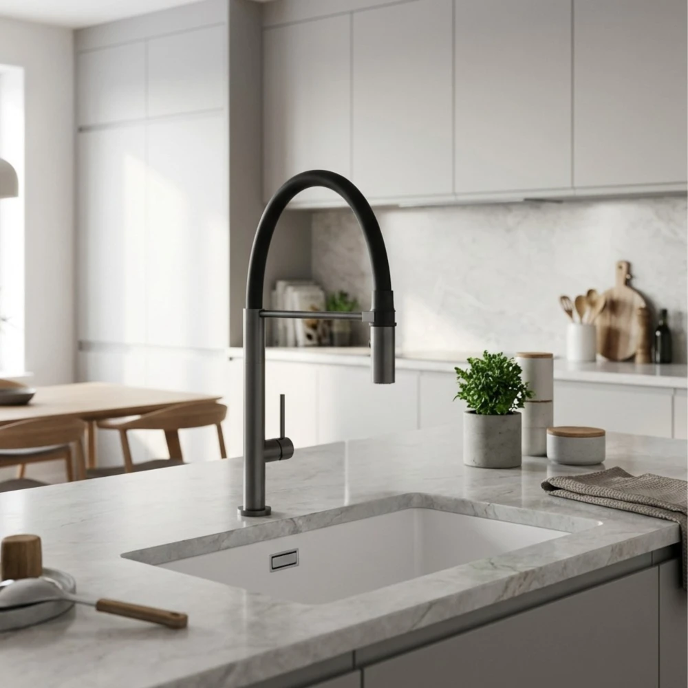 Bateria kuchenna Kran Gun Metal Elastyczna wylewka Stojąca na magnes Scala Granitan – aranżacja / widok z boku