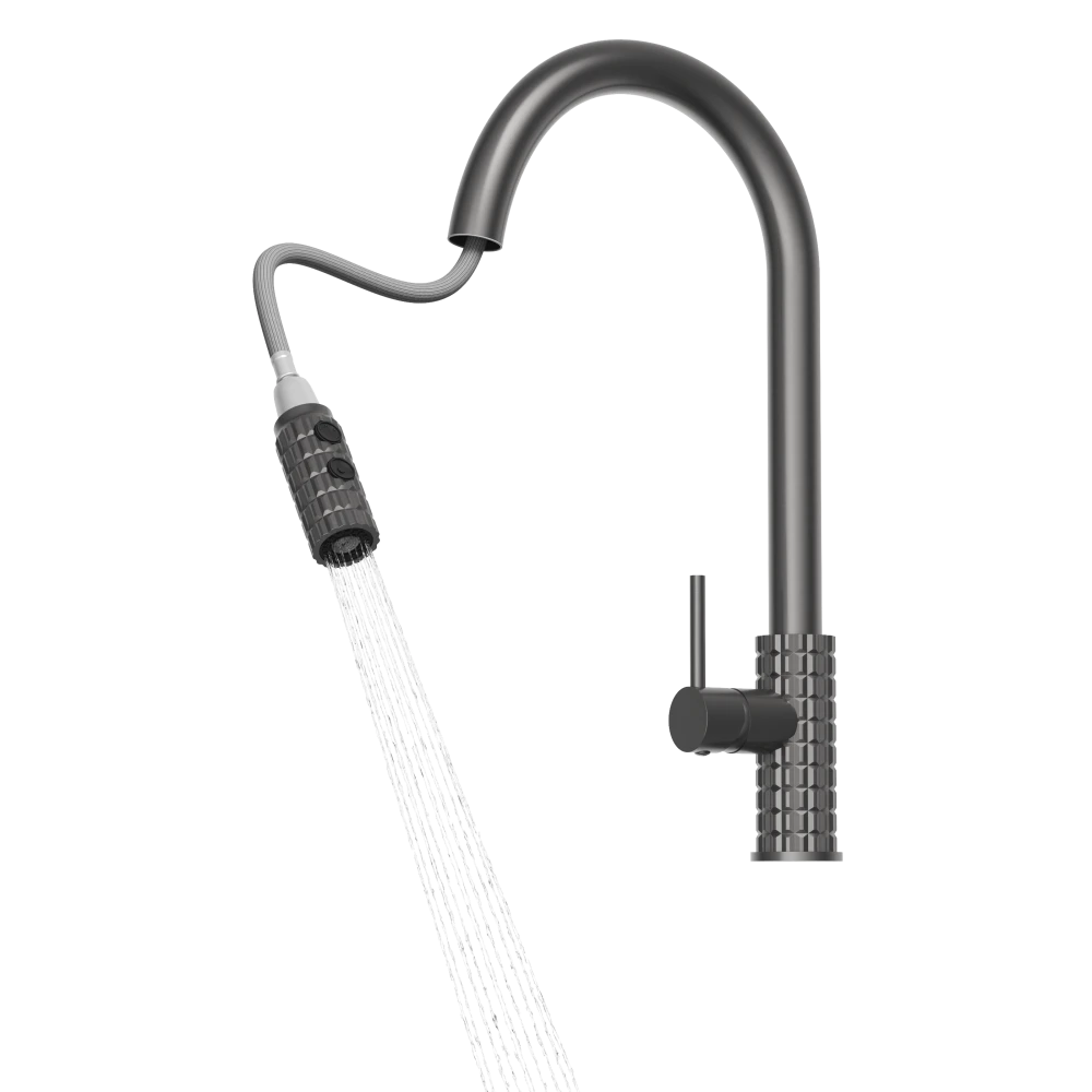 Rysunek techniczny i wymiary: Bateria kuchenna z wyciąganą wylewką kran SNAKE PRO gun grey stojący do kuchni Granitan