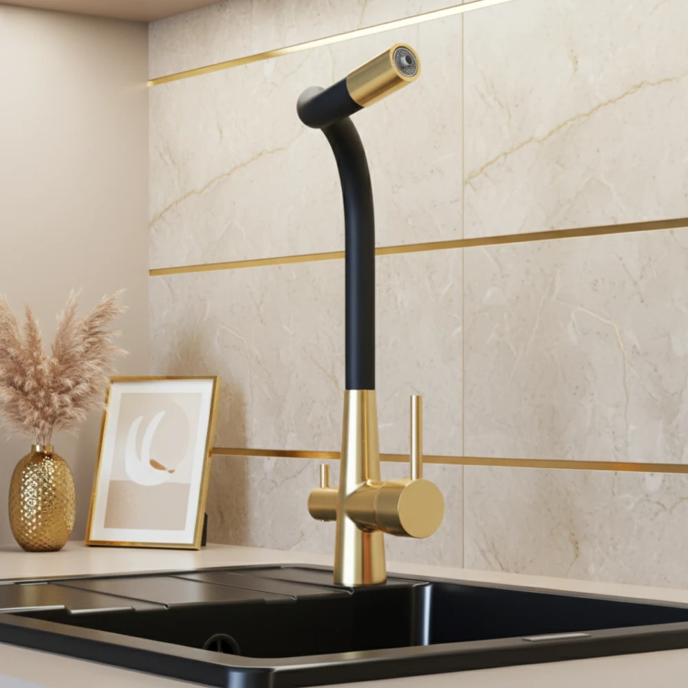 Bateria kuchenna trójdrożna elastyczna FLUO złoto szczotkowane Granitan – elementy zestawu i akcesoria