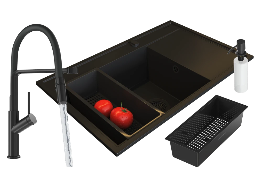 Zlew Granitowy PYRAMIS CAMEA (79x50) LEWY Black Edition + Bateria FLEXOS Granitan – ujęcie z bliska / detal