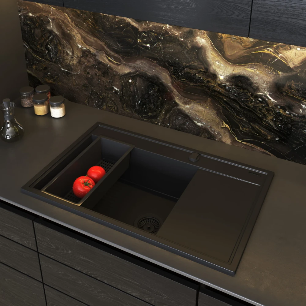 Zlew Granitowy PYRAMIS CAMEA (79x50) LEWY Black Edition + Bateria FLEXOS Granitan – aranżacja / widok z boku