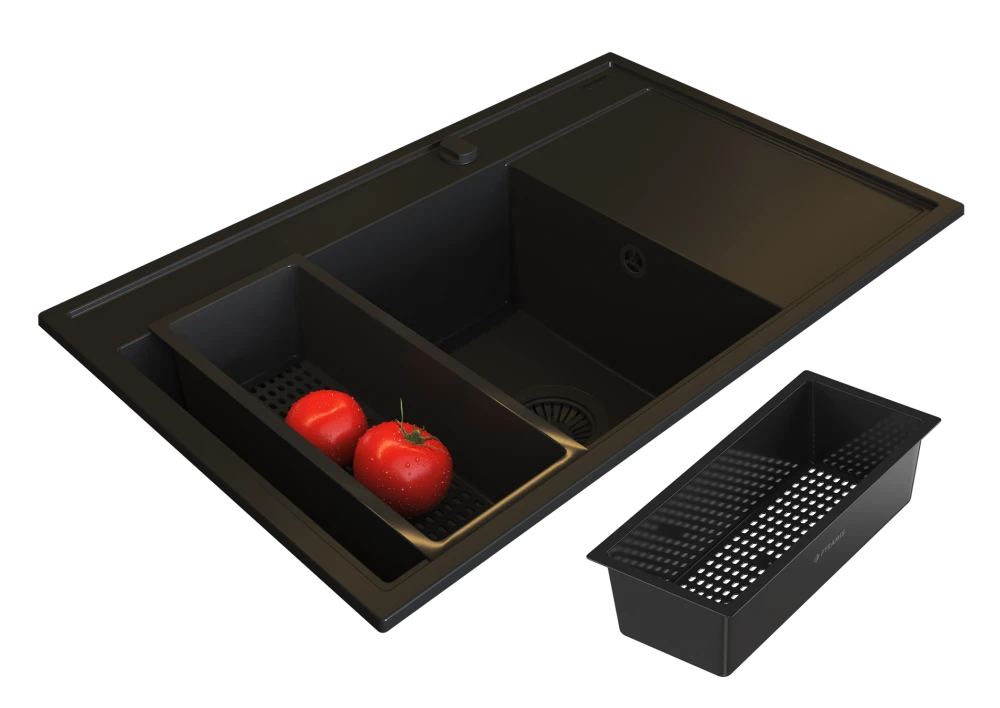 Zlew Granitowy PYRAMIS CAMEA (79x50) LEWY Black Edition + Bateria FLEXOS Granitan – elementy zestawu i akcesoria