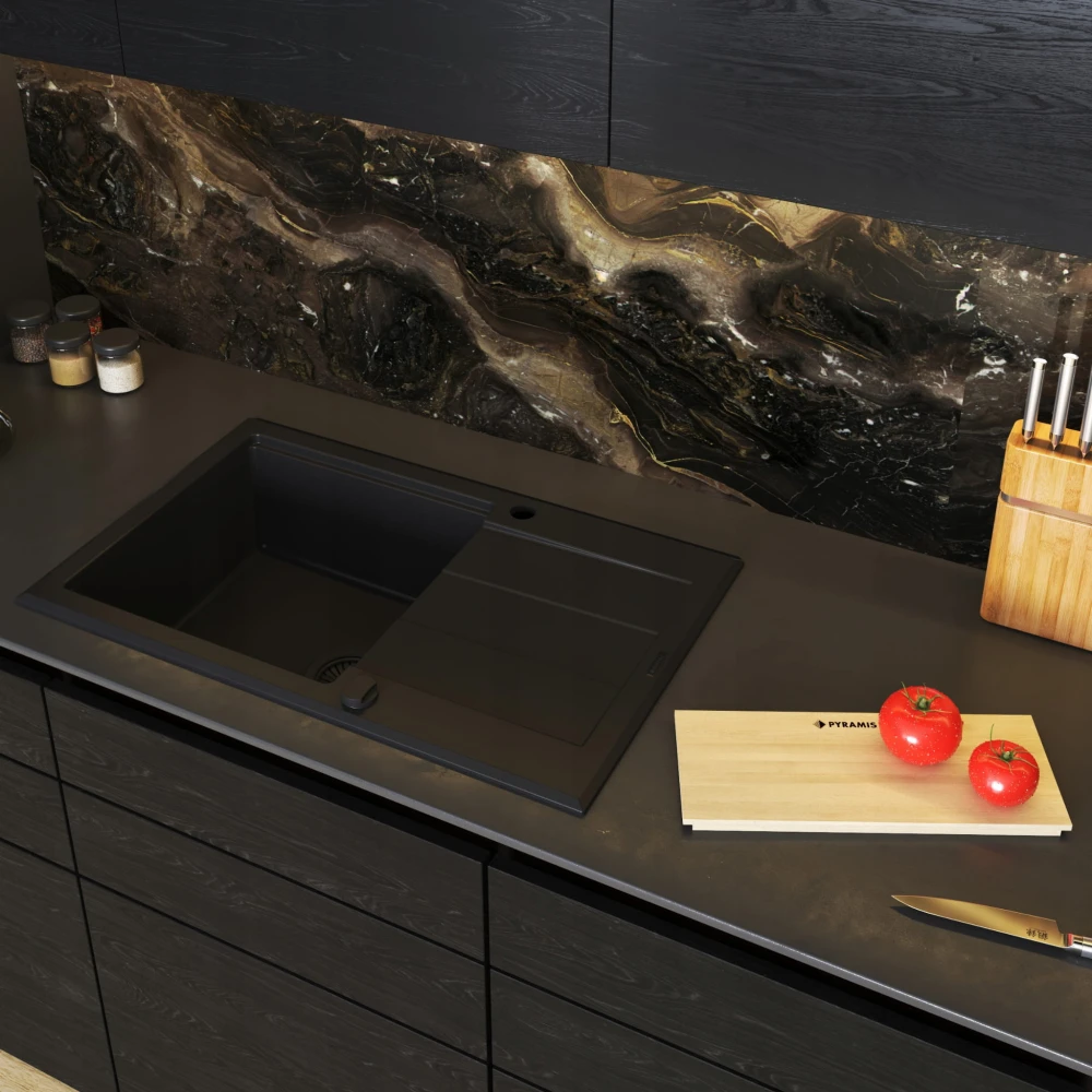 Zlewozmywak granitowy PYRAMIS SPARTA PLUS LUX VOLCANO czarny mat + gratis Granitan – zdjęcie 8