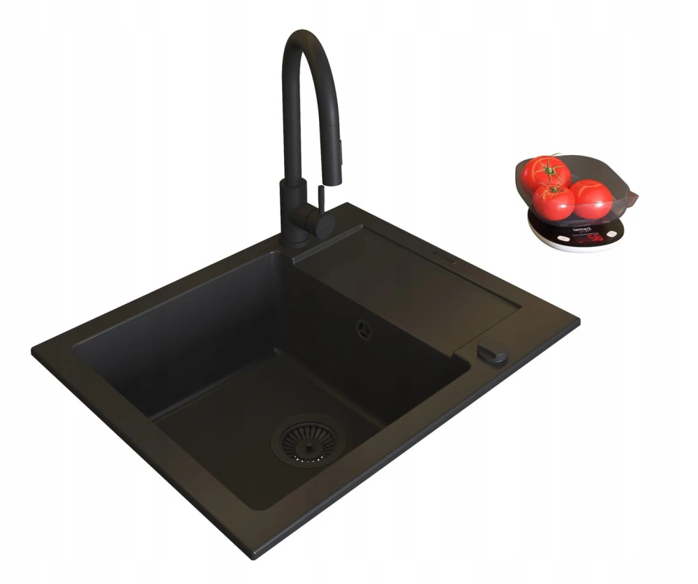 Pyramis zlew granitowy MIDO 62x50 BLACK EDITION zlew / bateria / syfon + gratis Granitan – ujęcie z bliska / detal