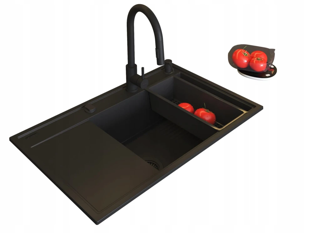 Pyramis zlew granitowy Camea Prawy BLACK EDITION zlew/ bateria / dozownik / syfon / wkładka ociekowa + gratis Granitan – ujęcie z bliska / detal