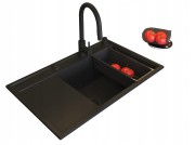 Pyramis zlew granitowy Camea Prawy BLACK EDITION zlew/ bateria / dozownik / syfon / wkładka ociekowa + gratis Granitan – ujęcie z bliska / detal