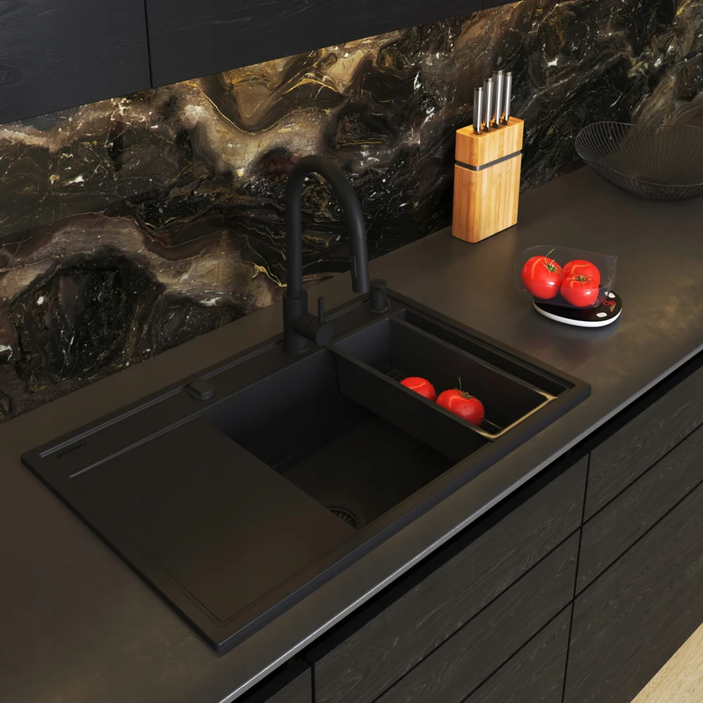 Pyramis zlew granitowy Camea Prawy BLACK EDITION zlew/ bateria / dozownik / syfon / wkładka ociekowa + gratis Granitan – zdjęcie 12