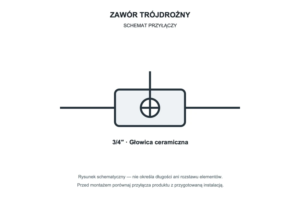 Rysunek techniczny i wymiary: Zawór ceramiczny do pralki zmywarki 3-drożny kulowy 3/4'' Granitan
