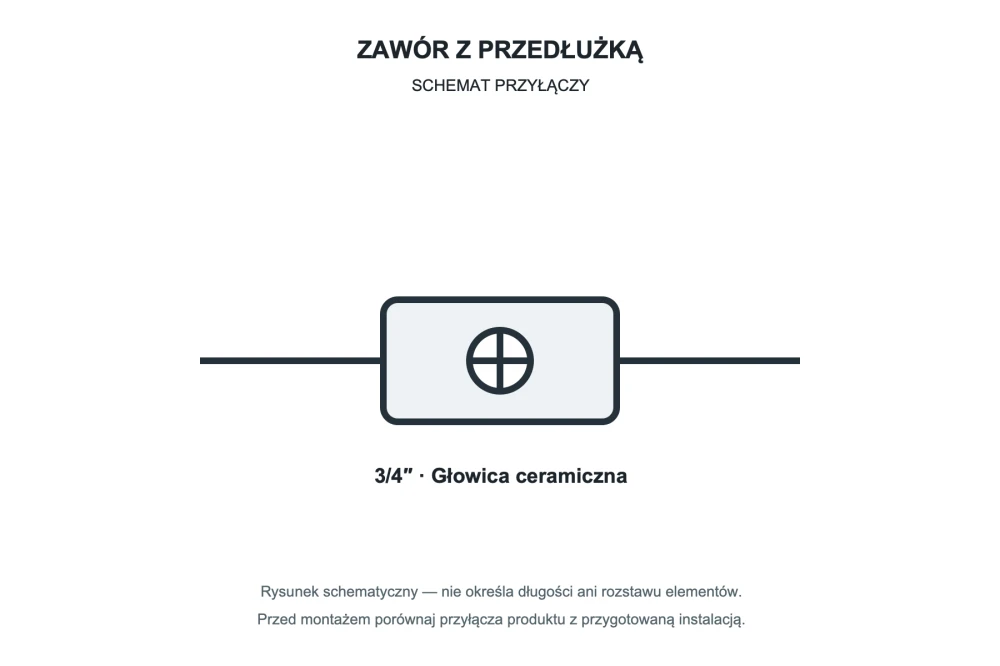 Rysunek techniczny i wymiary: Zawór ceramiczny 3/4" do pralki zmywarki z przedłużką Granitan