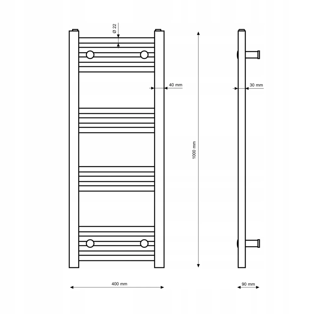 Rysunek techniczny i wymiary: GRZEJNIK ŁAZIENKOWY BIAŁY DRABINKOWY 40x100 cm KALORYFER MONTAŻ 180 BRENO Granitan