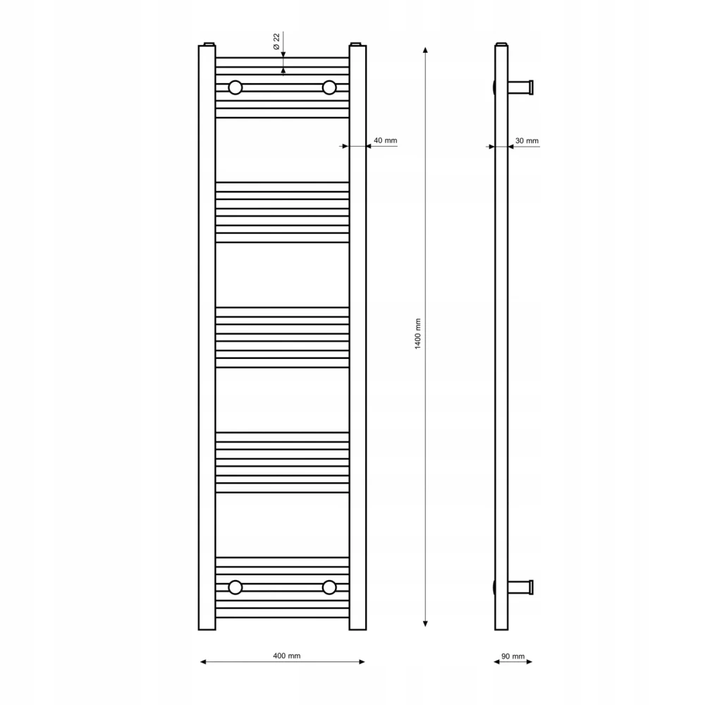 Rysunek techniczny i wymiary: GRZEJNIK ŁAZIENKOWY BIAŁY DRABINKOWY 40x140 cm KALORYFER MONTAŻ 180 BRENO Granitan