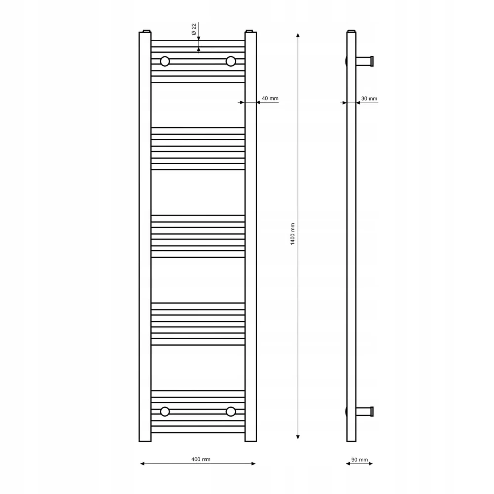 GRZEJNIK ŁAZIENKOWY CZARNY DRABINKOWY 40x140 cm KALORYFER MONTAŻ 180 BRENO Granitan – elementy zestawu i akcesoria